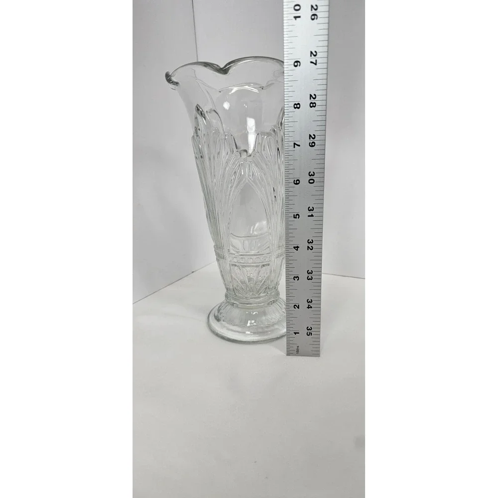 Vintage‎ Art Deco Pressed Glass Vase Clear Scalloped Rim Floral Pattern Footed